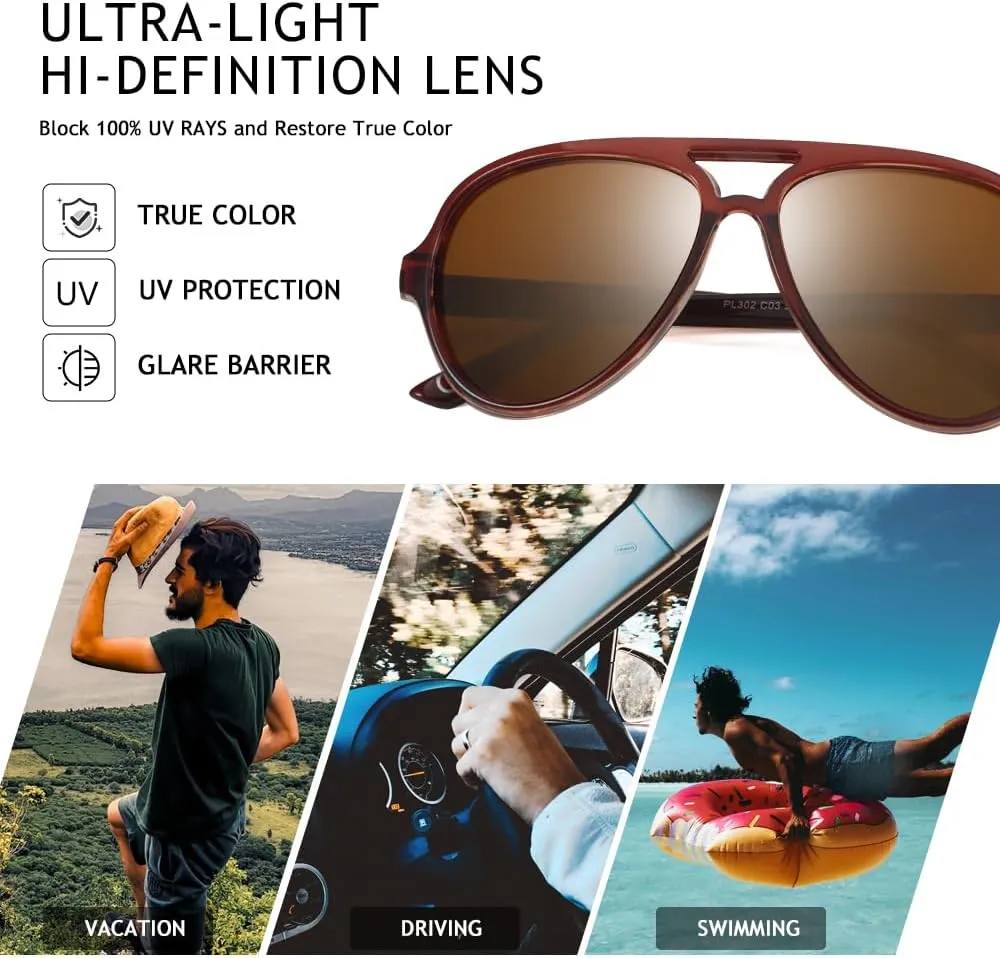 2 Pack Aviator Sunglasses For Men Polarized Lens Plastic Lightweight Double Bridge Frame UV Protection For Driving Matte Black Frame/Smoke Lens Transculent Brown Frame/Brown Lens