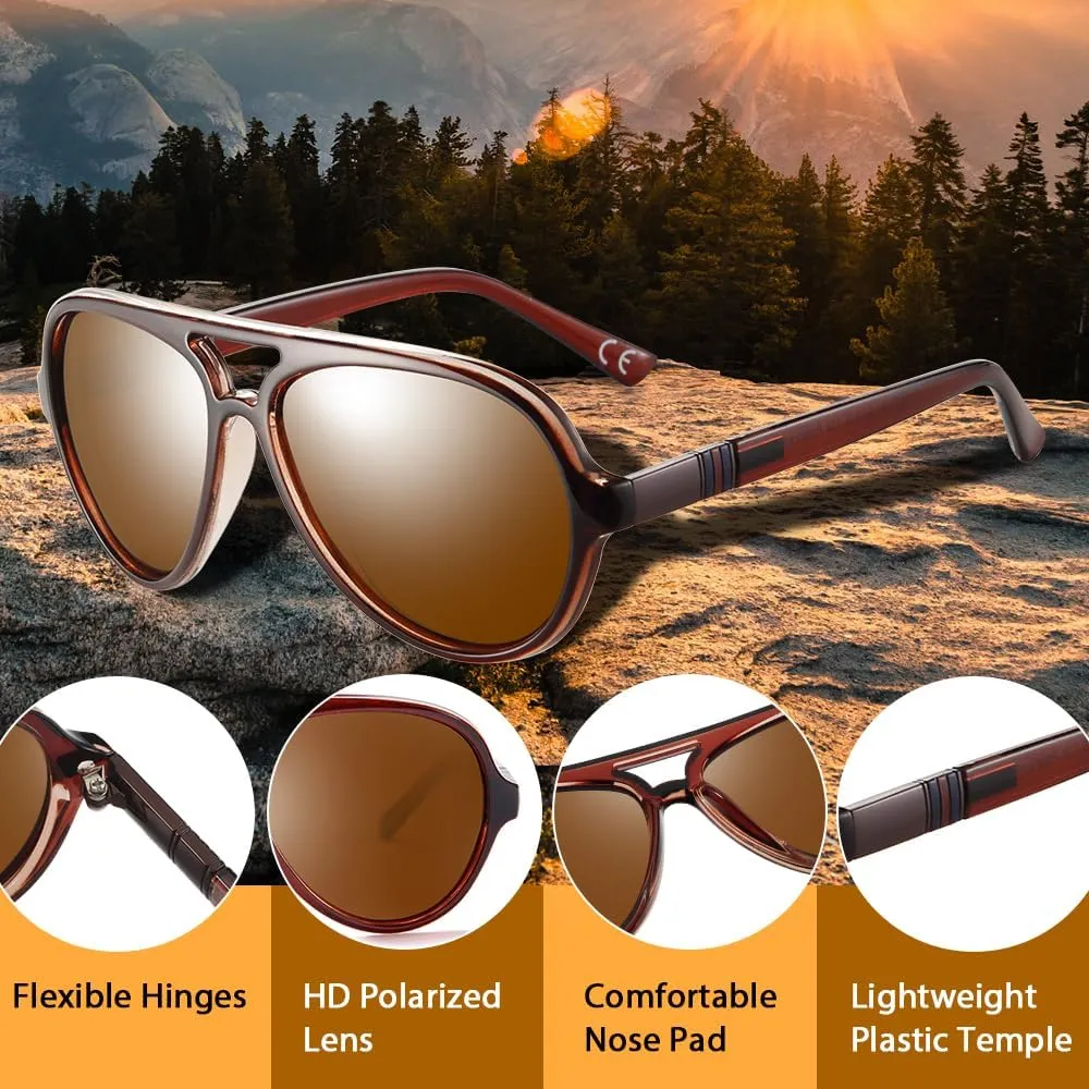 2 Pack Aviator Sunglasses For Men Polarized Lens Plastic Lightweight Double Bridge Frame UV Protection For Driving Matte Black Frame/Smoke Lens Transculent Brown Frame/Brown Lens