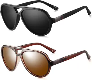 2 Pack Aviator Sunglasses For Men Polarized Lens Plastic Lightweight Double Bridge Frame UV Protection For Driving Matte Black Frame/Smoke Lens Transculent Brown Frame/Brown Lens