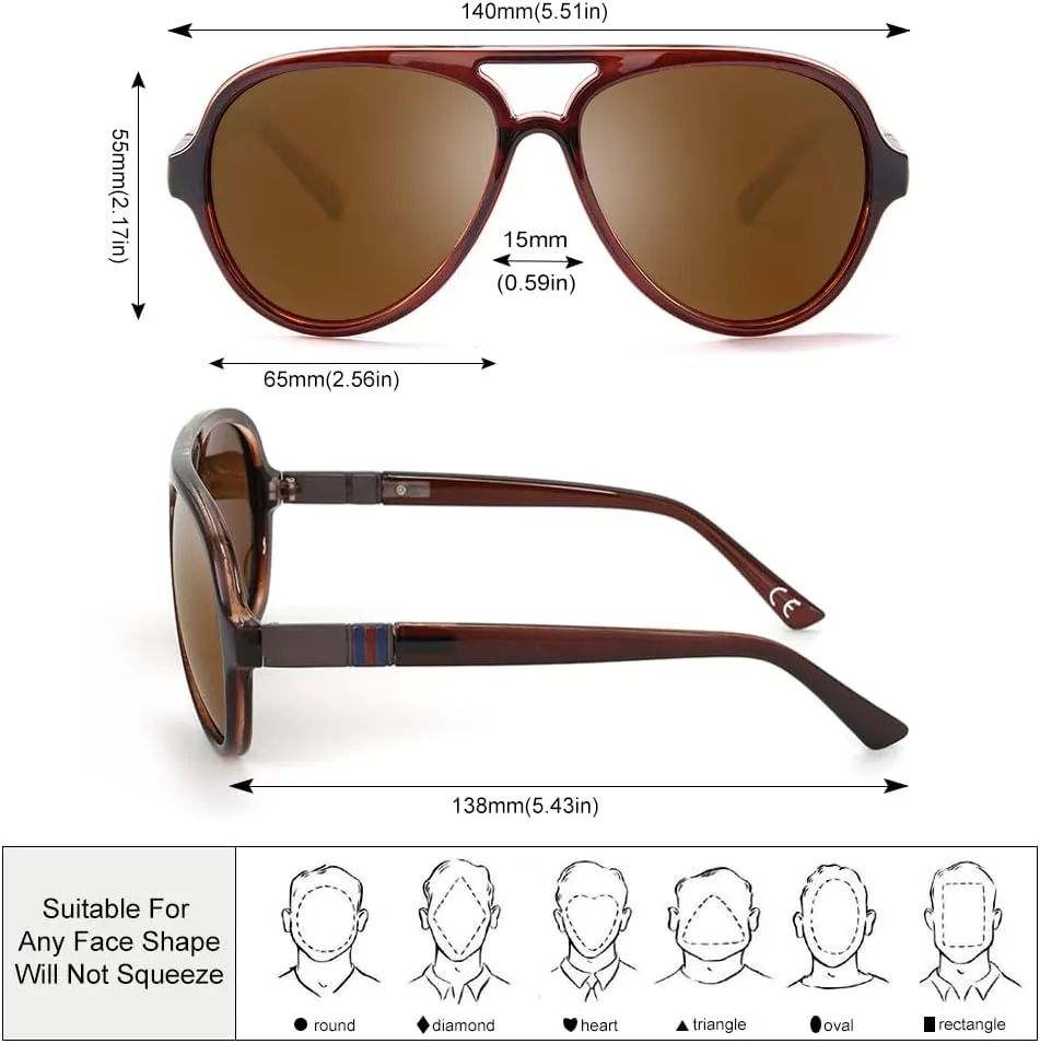 2 Pack Aviator Sunglasses For Men Polarized Lens Plastic Lightweight Double Bridge Frame UV Protection For Driving Matte Black Frame/Smoke Lens Transculent Brown Frame/Brown Lens