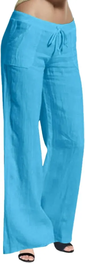 2024 Women's Summer Linen Pants Solid Wide Leg Beach Pants Drawstring Waist Loose Trouser Cotton Linen Yoga Palazzo Pants