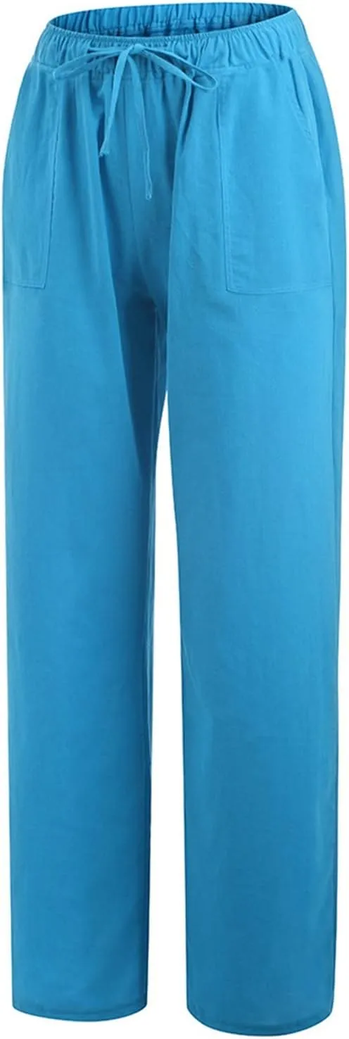 2024 Women's Summer Linen Pants Solid Wide Leg Beach Pants Drawstring Waist Loose Trouser Cotton Linen Yoga Palazzo Pants
