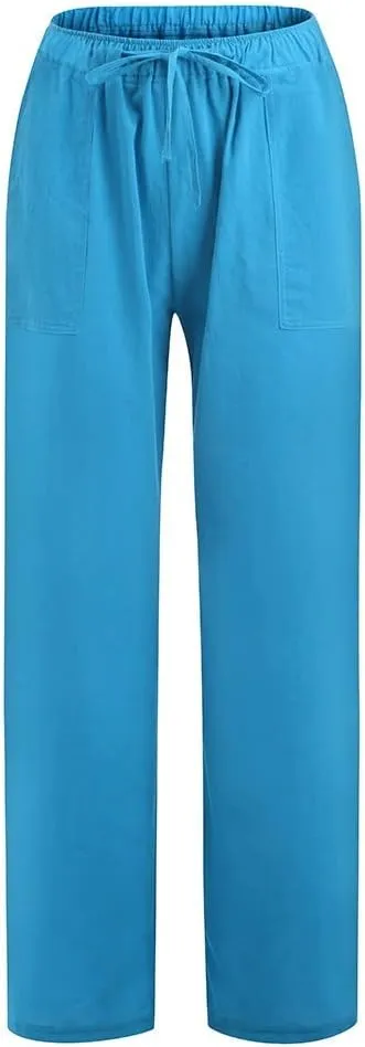 2024 Women's Summer Linen Pants Solid Wide Leg Beach Pants Drawstring Waist Loose Trouser Cotton Linen Yoga Palazzo Pants