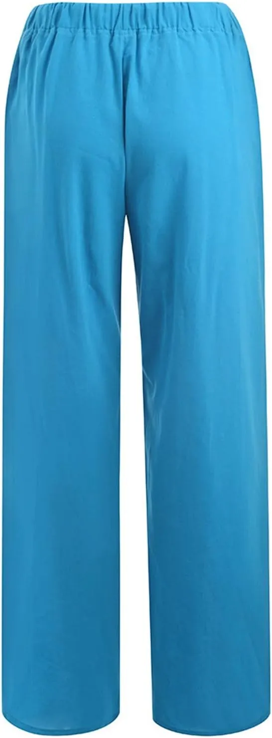 2024 Women's Summer Linen Pants Solid Wide Leg Beach Pants Drawstring Waist Loose Trouser Cotton Linen Yoga Palazzo Pants
