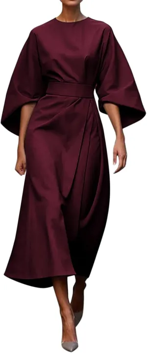 2025 Dresses for Women Elegant Classy 3/4 Lantern Sleeve Solid Color High Waist A Line Flowy Formal Evening Gowns Dress