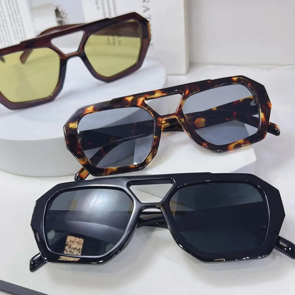 2025 Trendy Designer Square Aviator Sunglasses For Women Vintage 70s Thick Double Bridge Sun Glasses