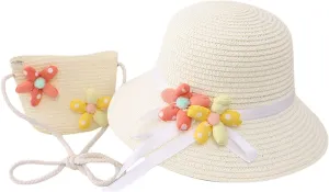 4t Knit Hat Summer Straw Hat Bag Set Woven Wide Brim Sun Beach Hats with Shoulder Bag Outdoor Outfit Set for Girls Kids Flippy Hats for Kids (White, One Size)