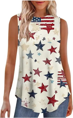 4th of July Tank Tops for Women Star Stripes Flowy Sleeveless Shirts Independence Day Patriotic Casual Summer Clothes