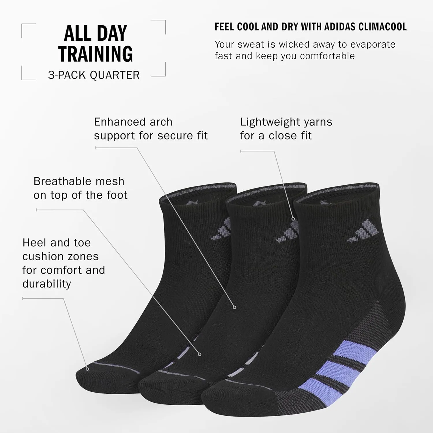 adidas Women's All Day Training Quarter Socks Athletic Performance Above the Ankle with Targeted Cushioning (3-Pair)