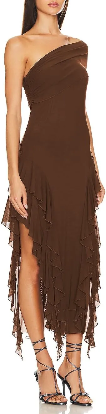 ALENDA DANMOS Womens Sleeveless One Shoulder Halter Straps Maxi Dress Irregular Mesh Ruffles Hem Cocktail Party Dress 369