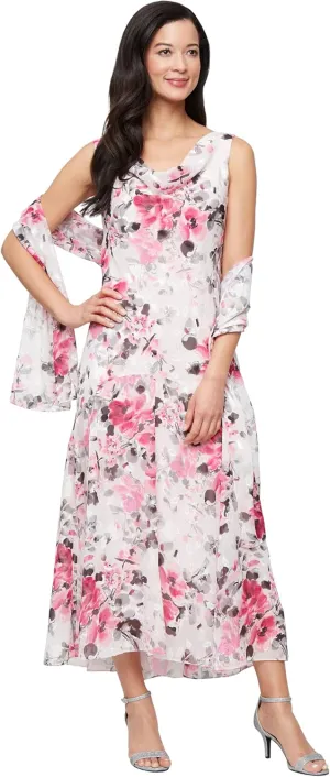 Alex Evenings Women's Formal Sleeveless Cowl Neck Floral Print Gown with Shawl, Wedding Guest, Mother of The Bride Dress
