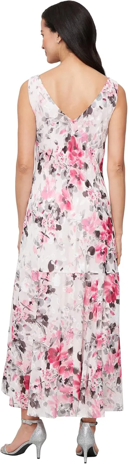 Alex Evenings Women's Formal Sleeveless Cowl Neck Floral Print Gown with Shawl, Wedding Guest, Mother of The Bride Dress