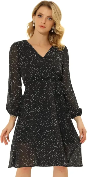 Allegra K Casual Dresses for Women's Halloween Tie Waist Printed Chiffon Wrap Midi Dress
