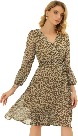 Allegra K Casual Dresses for Women's Halloween Tie Waist Printed Chiffon Wrap Midi Dress