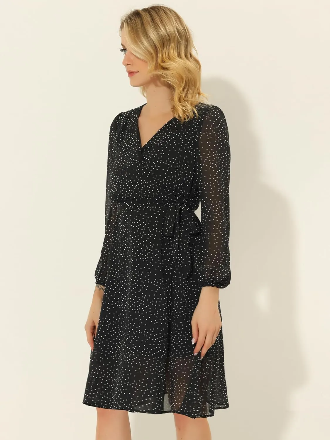 Allegra K Casual Dresses for Women's Halloween Tie Waist Printed Chiffon Wrap Midi Dress