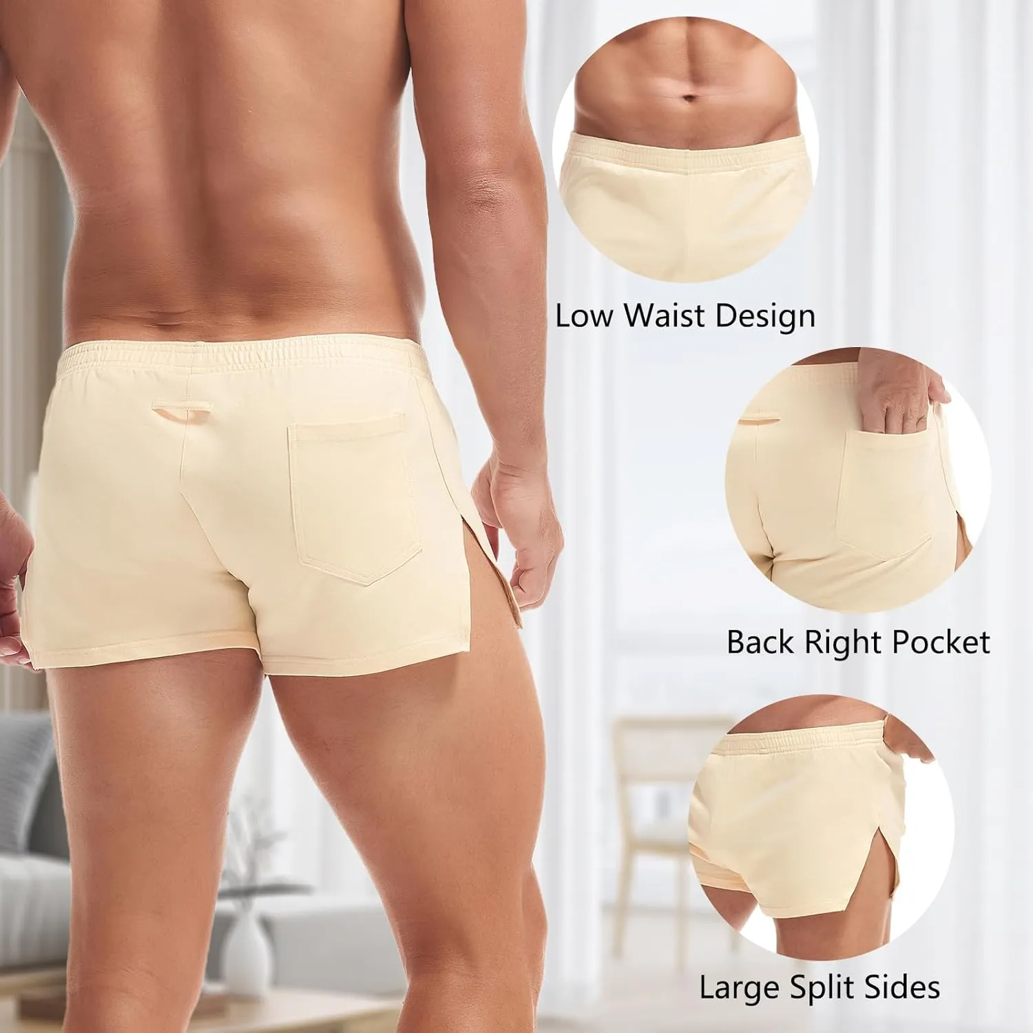 AMY COULEE Mens Cotton Gym Shorts Bodybuilding Lifting Lounge Split Shorts Lightweight Sleep Bottoms
