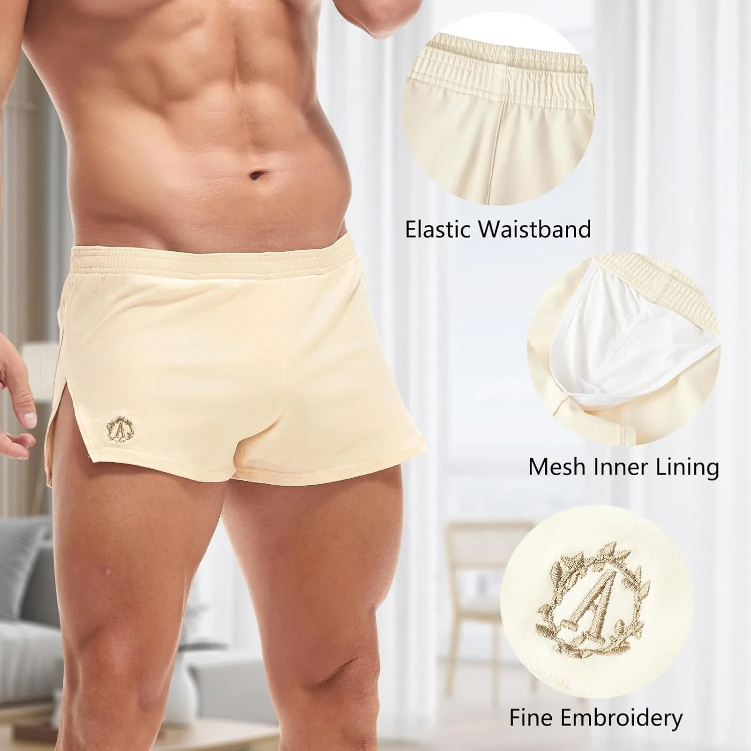 AMY COULEE Mens Cotton Gym Shorts Bodybuilding Lifting Lounge Split Shorts Lightweight Sleep Bottoms