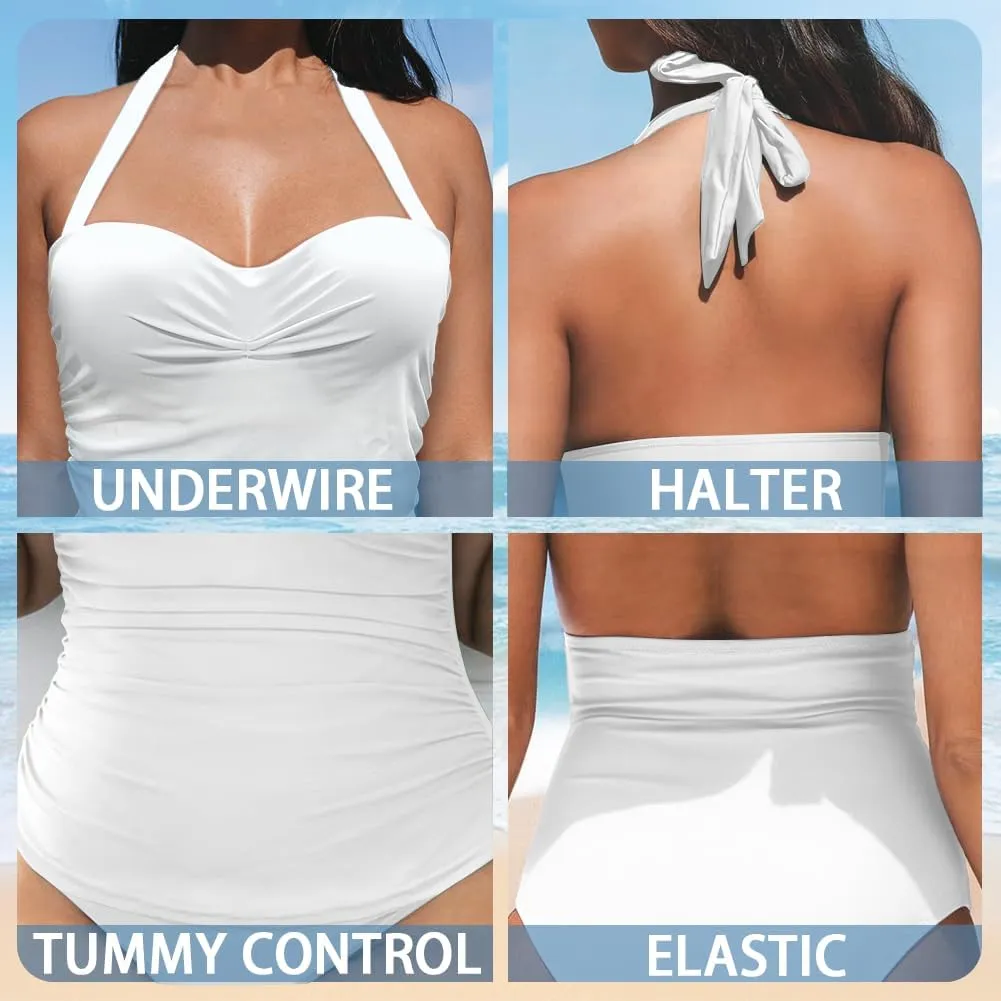 Banana One Piece Swimsuit with Tummy Control Plus Size Halter Bathing Suit Cover up Wrap Skirt Swimwear Tankini