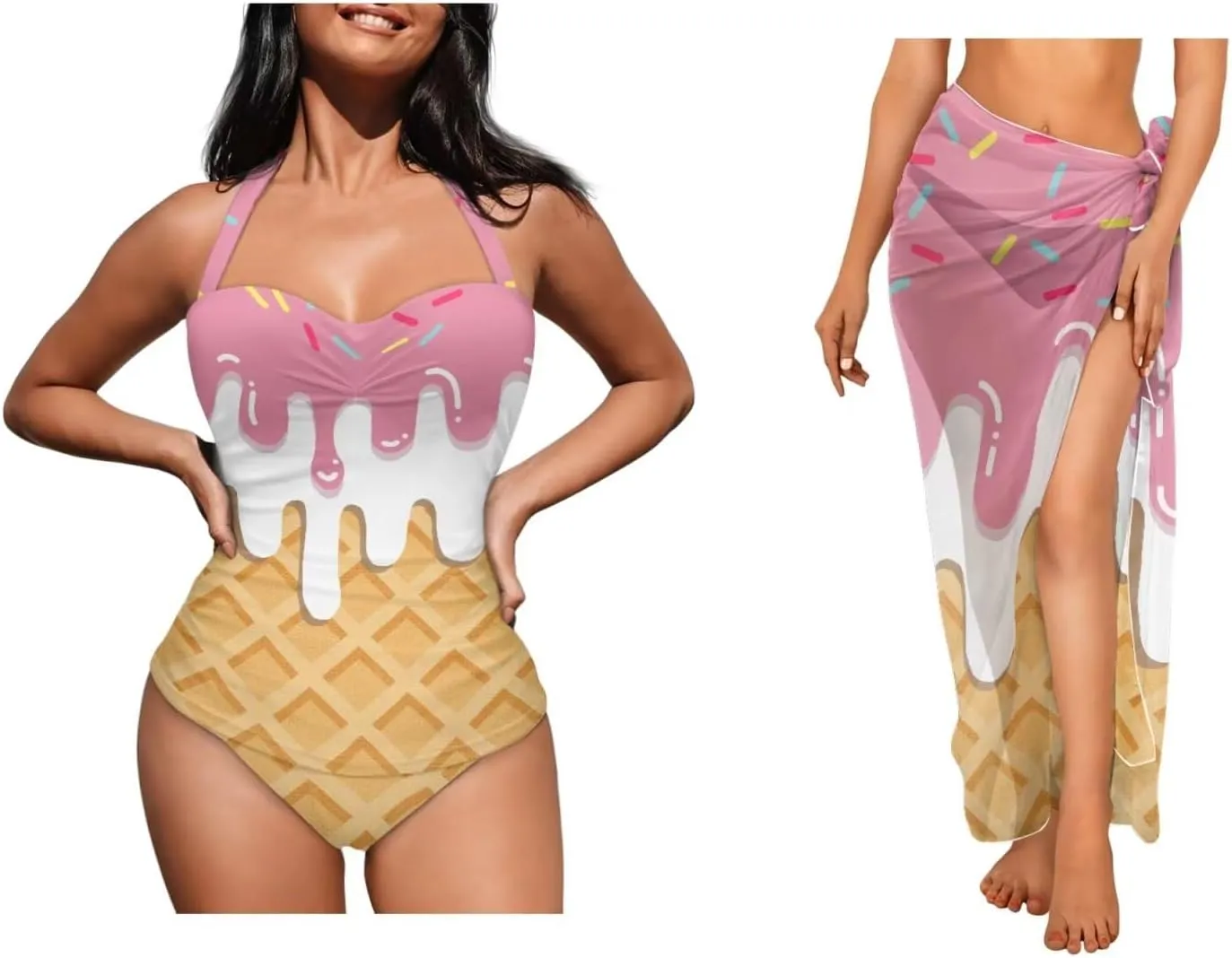 Banana One Piece Swimsuit with Tummy Control Plus Size Halter Bathing Suit Cover up Wrap Skirt Swimwear Tankini