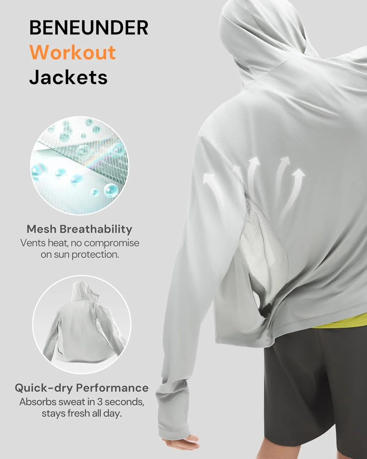 BENEUNDER Men's UPF 50  Sun Protection Lightweight Hoodie Jacket Long Sleeve Active Sun Shirts for Outdoor Hiking Workout