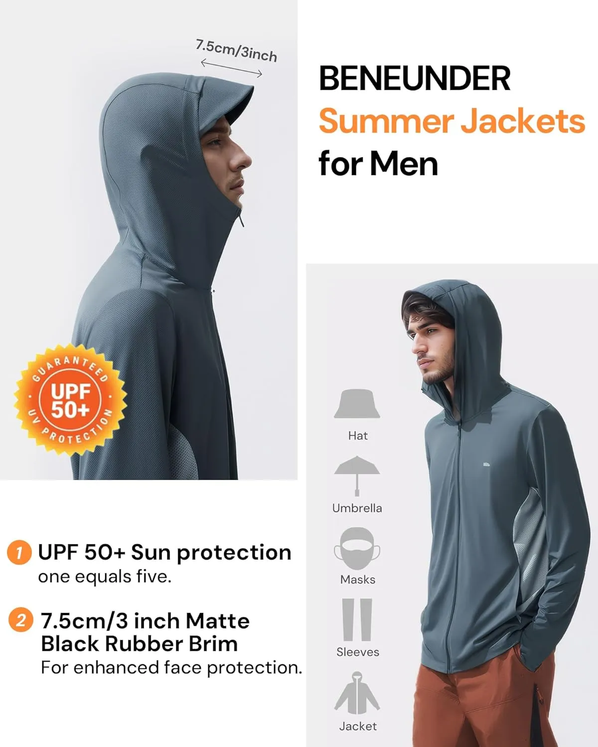 BENEUNDER Men's UPF 50  Sun Protection Lightweight Hoodie Jacket Long Sleeve Active Sun Shirts for Outdoor Hiking Workout