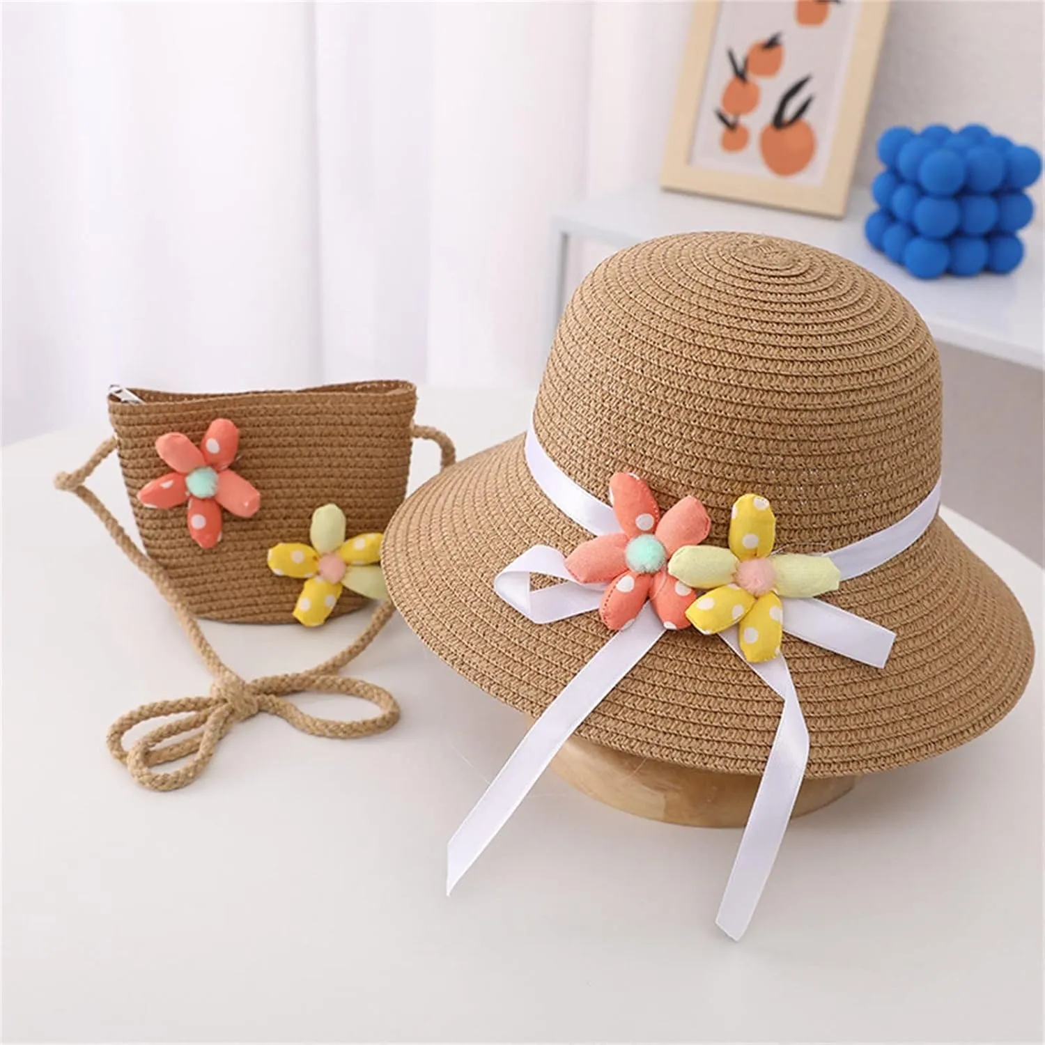 BILIKEYU Summer Hat Bag Set Woven Wide Brim Sun Beach Hats with Shoulder Bag Outdoor Outfit Set for Girls Kids