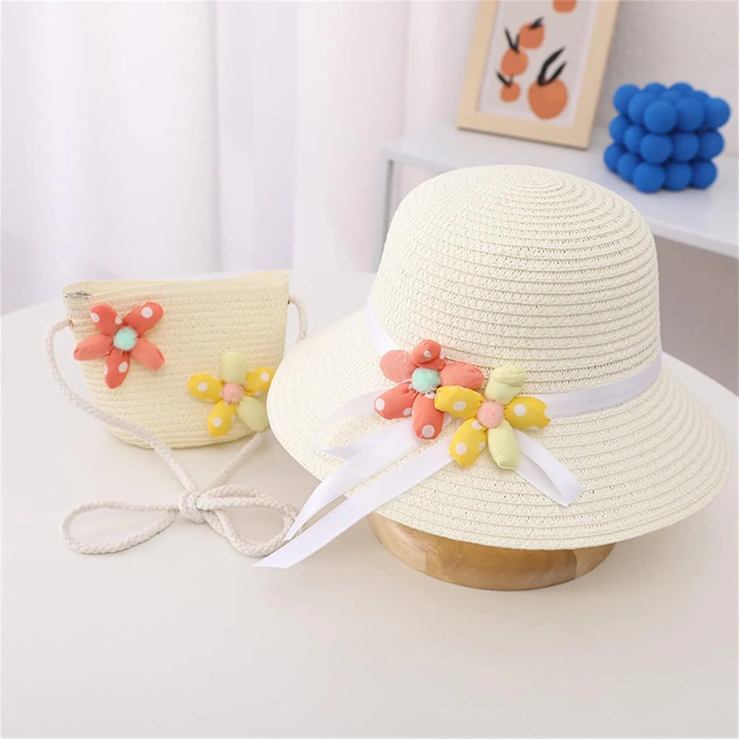 BILIKEYU Summer Hat Bag Set Woven Wide Brim Sun Beach Hats with Shoulder Bag Outdoor Outfit Set for Girls Kids