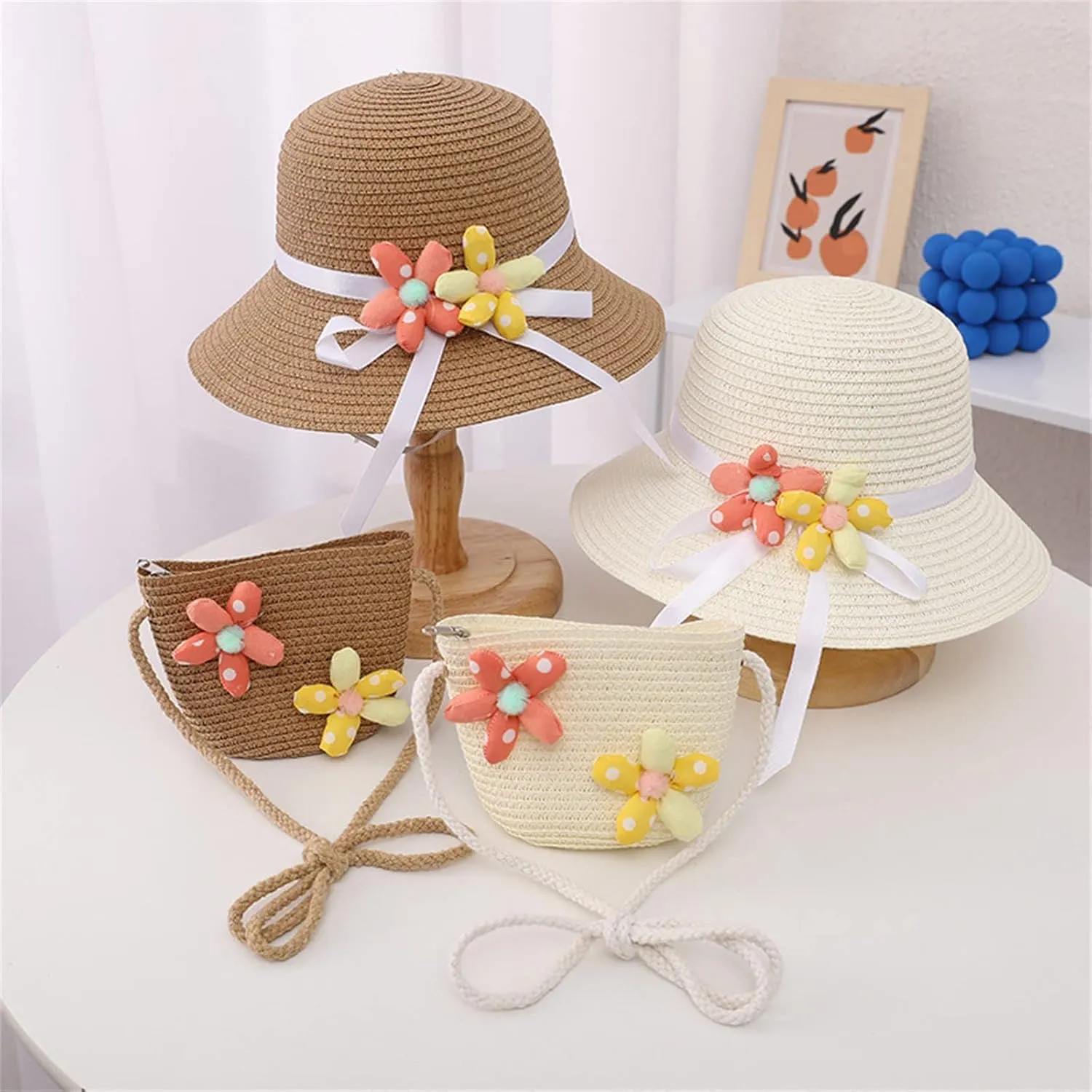 BILIKEYU Summer Hat Bag Set Woven Wide Brim Sun Beach Hats with Shoulder Bag Outdoor Outfit Set for Girls Kids
