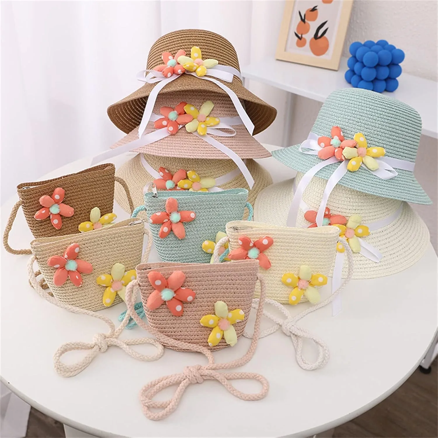BILIKEYU Summer Hat Bag Set Woven Wide Brim Sun Beach Hats with Shoulder Bag Outdoor Outfit Set for Girls Kids