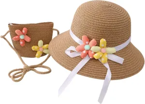 BILIKEYU Summer Hat Bag Set Woven Wide Brim Sun Beach Hats with Shoulder Bag Outdoor Outfit Set for Girls Kids