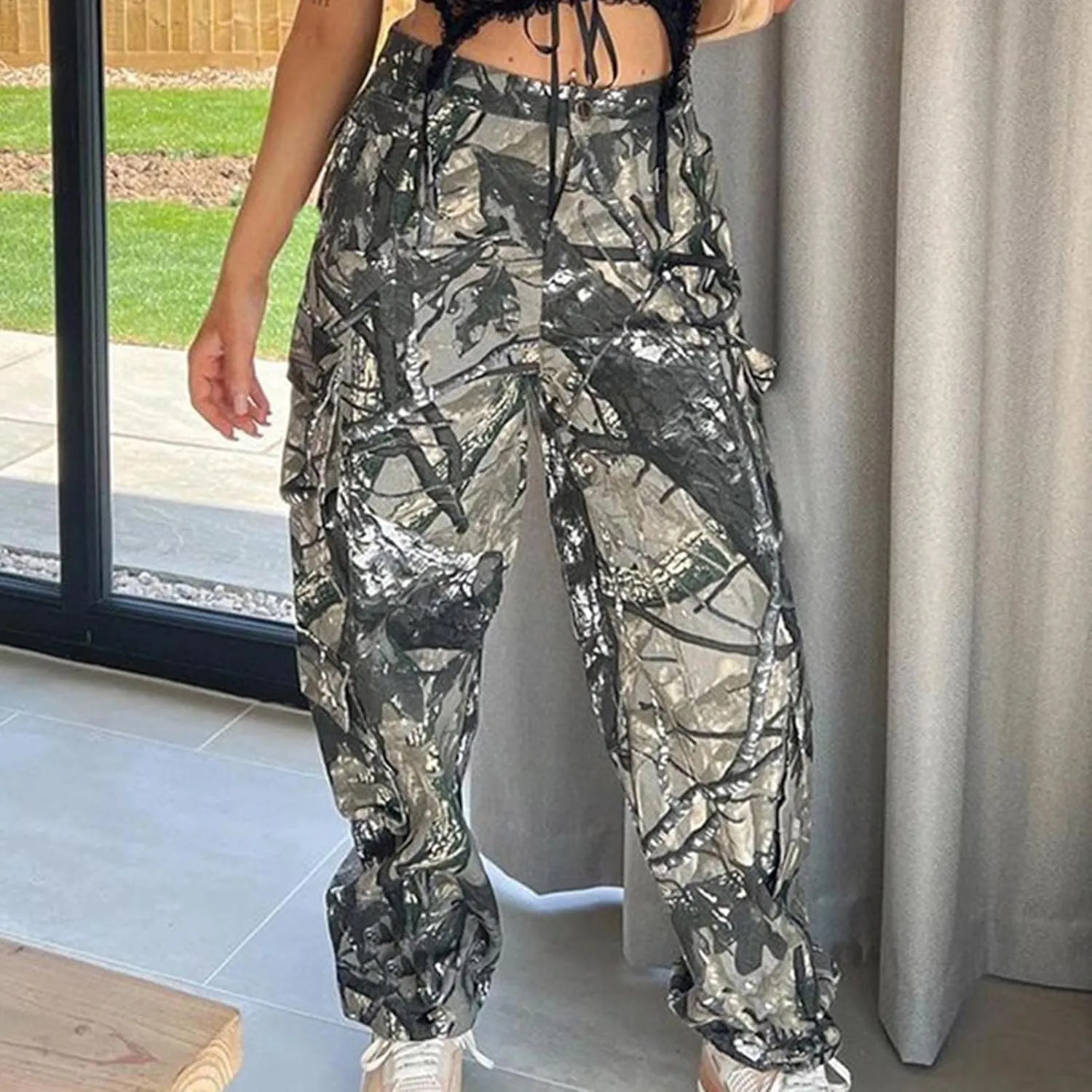 Camouflage Pants for Women Low Waist Baggy Straight Leg Trousers Military Combat Army Camo Cargo Pants Y2K Streetwear
