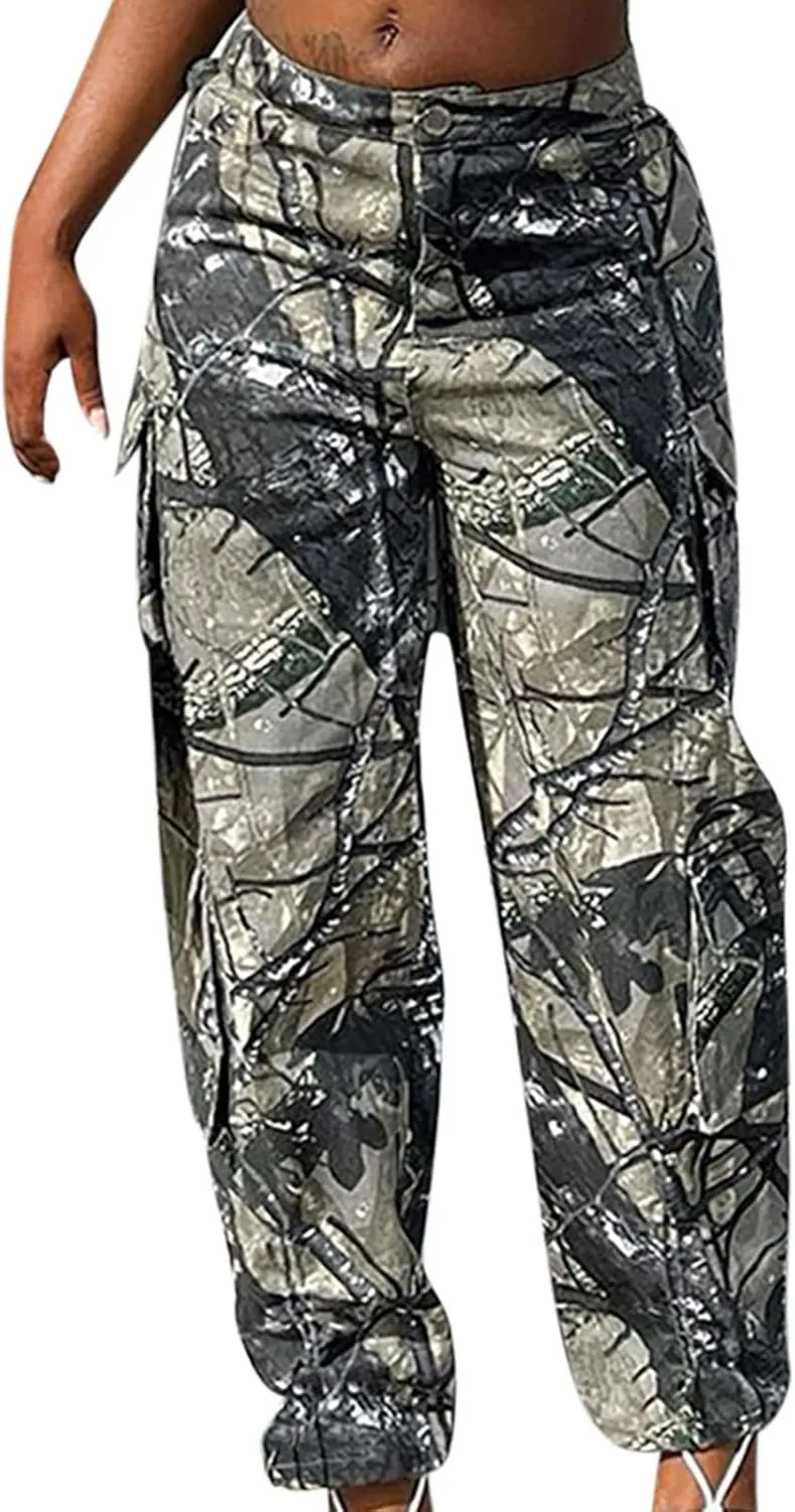 Camouflage Pants for Women Low Waist Baggy Straight Leg Trousers Military Combat Army Camo Cargo Pants Y2K Streetwear