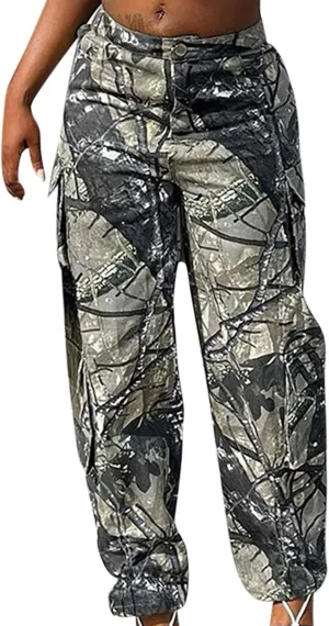 Camouflage Pants for Women Low Waist Baggy Straight Leg Trousers Military Combat Army Camo Cargo Pants Y2K Streetwear