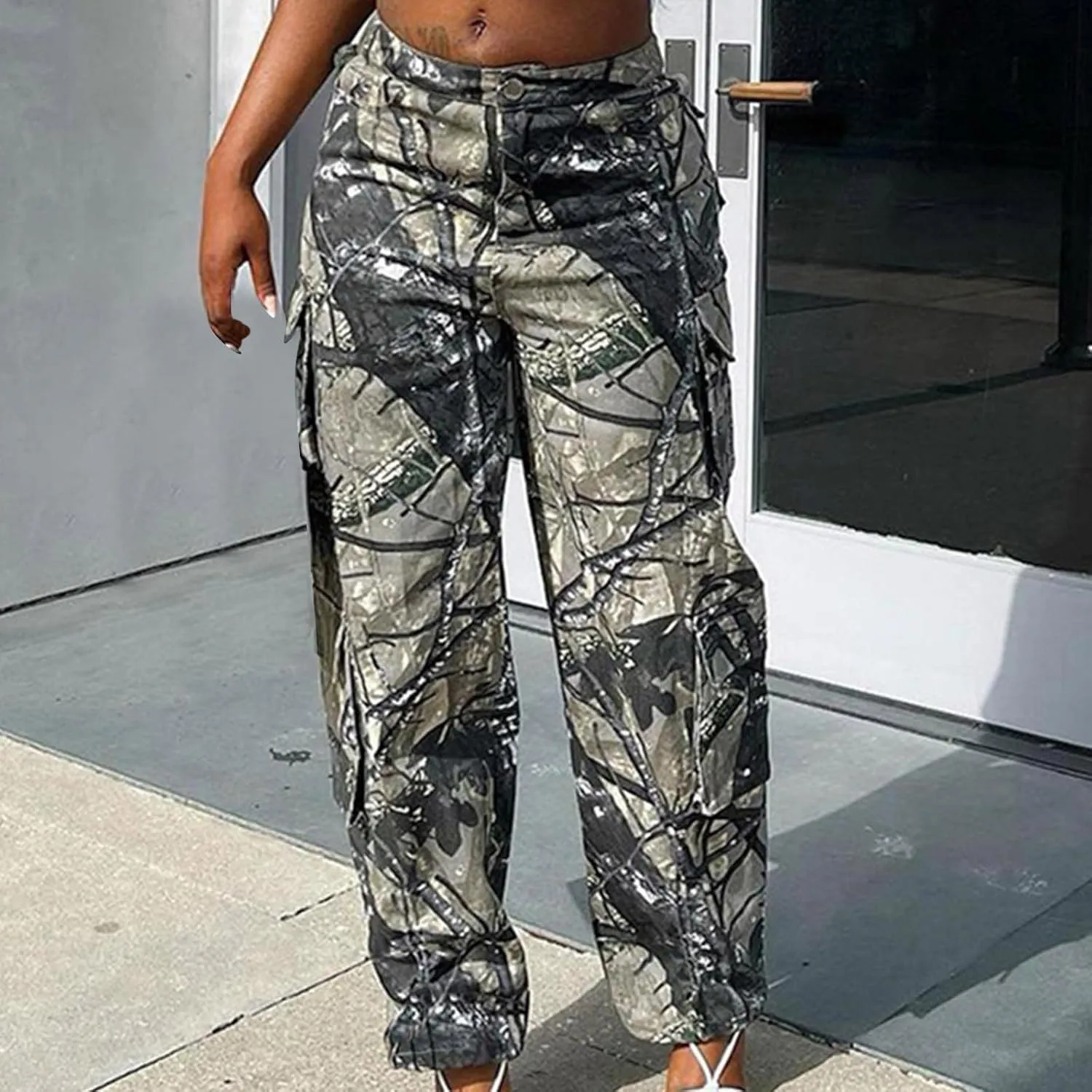 Camouflage Pants for Women Low Waist Baggy Straight Leg Trousers Military Combat Army Camo Cargo Pants Y2K Streetwear