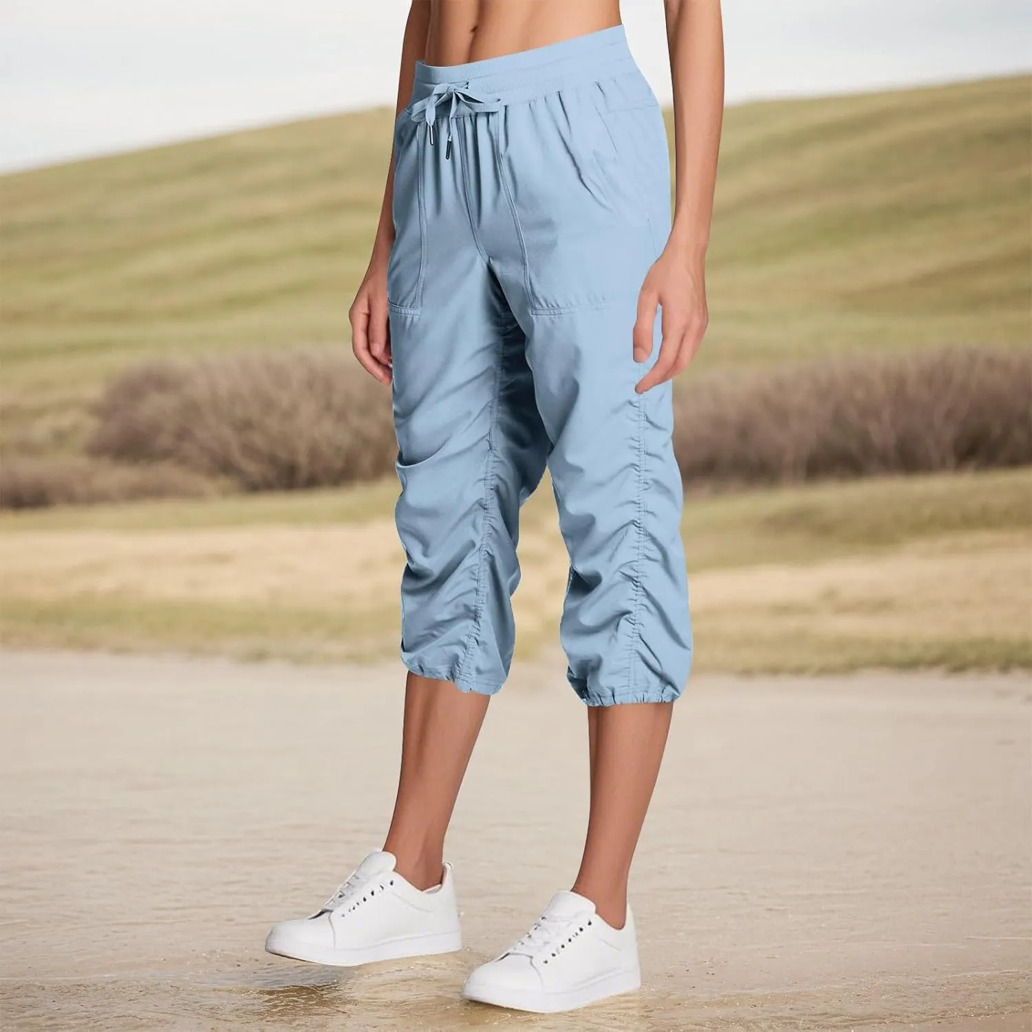 Capri Pants for Women Lightweight Quick-Dry Capris Outdoor Drawstring Hiking Pants with Pockets Soft Cargo Capris