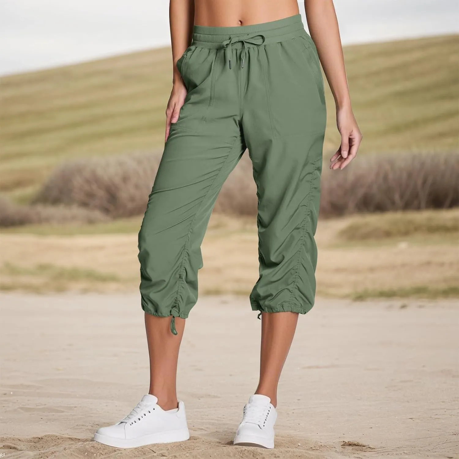 Capri Pants for Women Lightweight Quick-Dry Capris Outdoor Drawstring Hiking Pants with Pockets Soft Cargo Capris