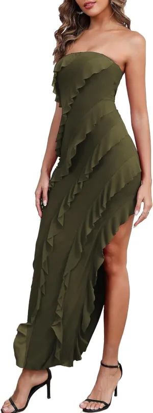 Capuffy Womens Tube Strapless Maxi Dress Irregular Ruffles Hem Cocktail Dress Off Shoulder Tassel High Slit Evening Gown 312