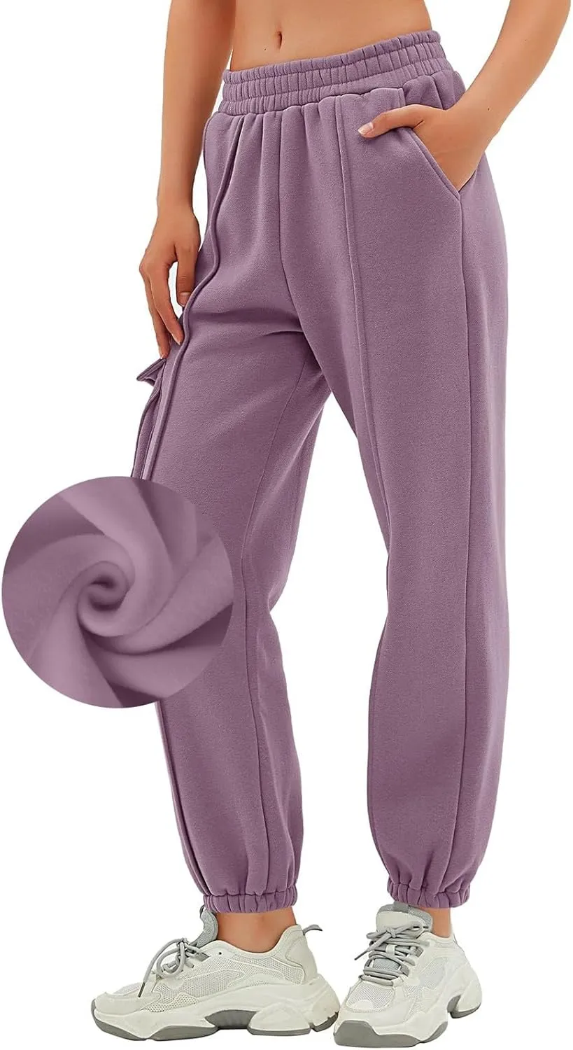 Cargo Joggers for Women Casual Fleece Lined Sweatpants Baggy High Waisted Cinch Bottom Cargo Sweatpants with Pockets