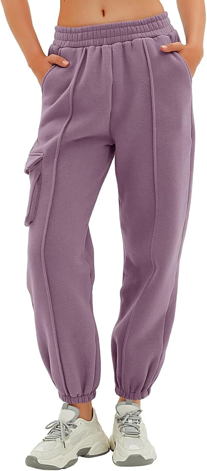 Cargo Joggers for Women Casual Fleece Lined Sweatpants Baggy High Waisted Cinch Bottom Cargo Sweatpants with Pockets