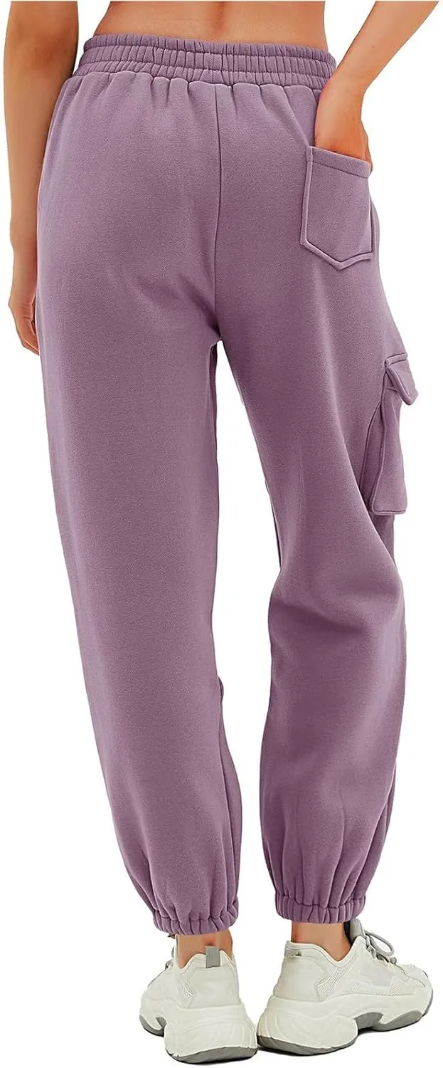 Cargo Joggers for Women Casual Fleece Lined Sweatpants Baggy High Waisted Cinch Bottom Cargo Sweatpants with Pockets