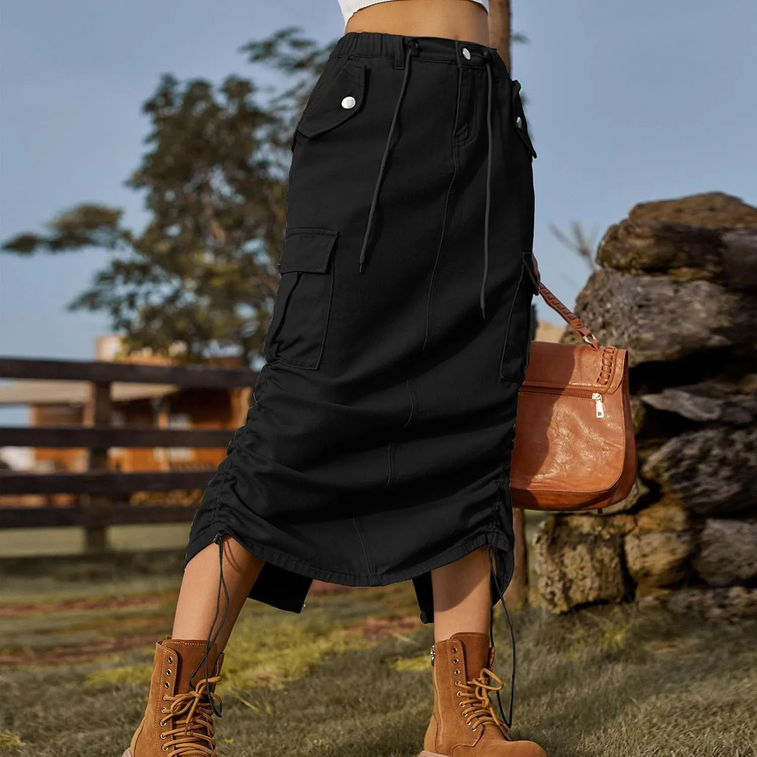 Cargo Skirts for Women Casual Solid Denim Long Skirts Fashion Drawstring Stretch Waist Jean Maxi Skirt with Pockets