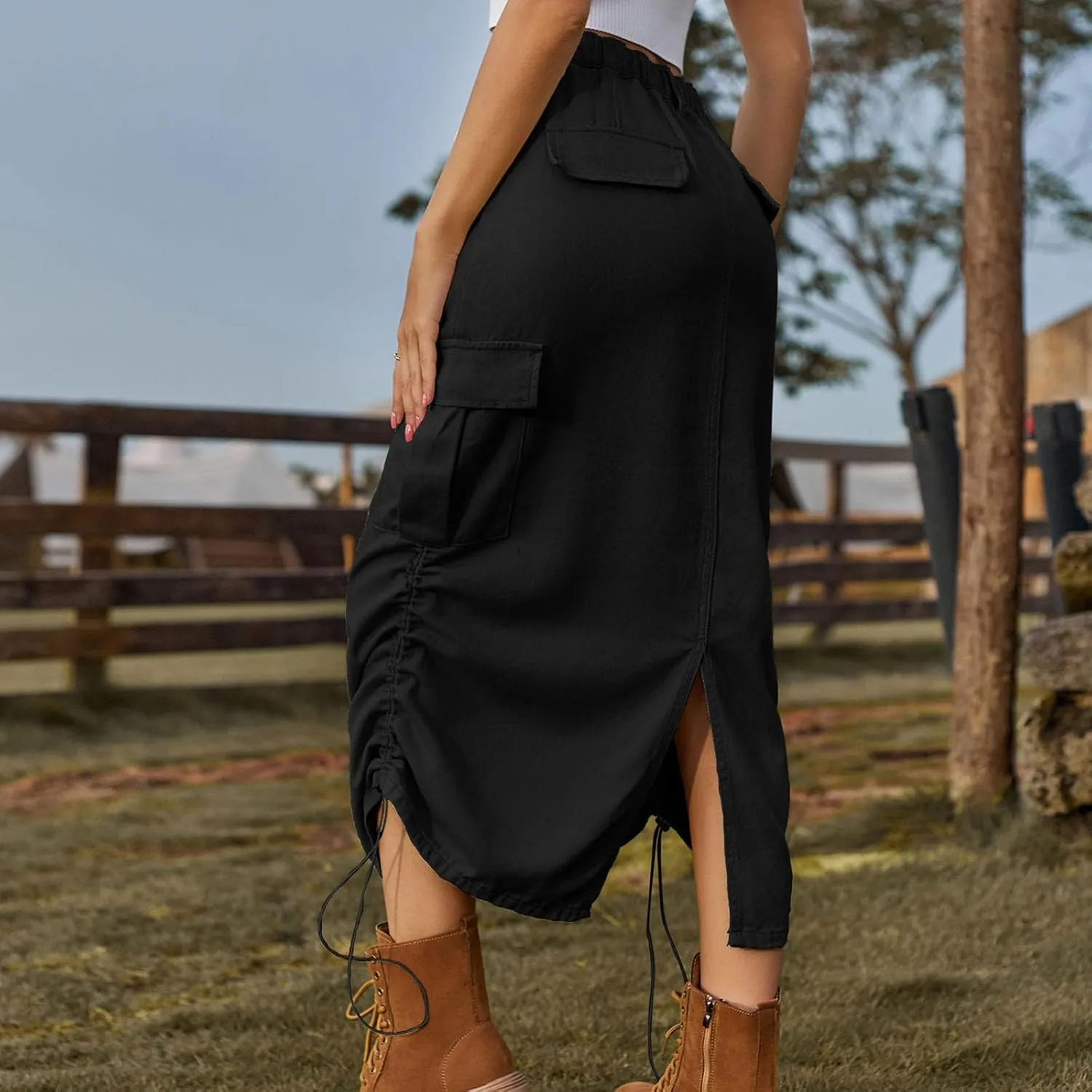 Cargo Skirts for Women Casual Solid Denim Long Skirts Fashion Drawstring Stretch Waist Jean Maxi Skirt with Pockets