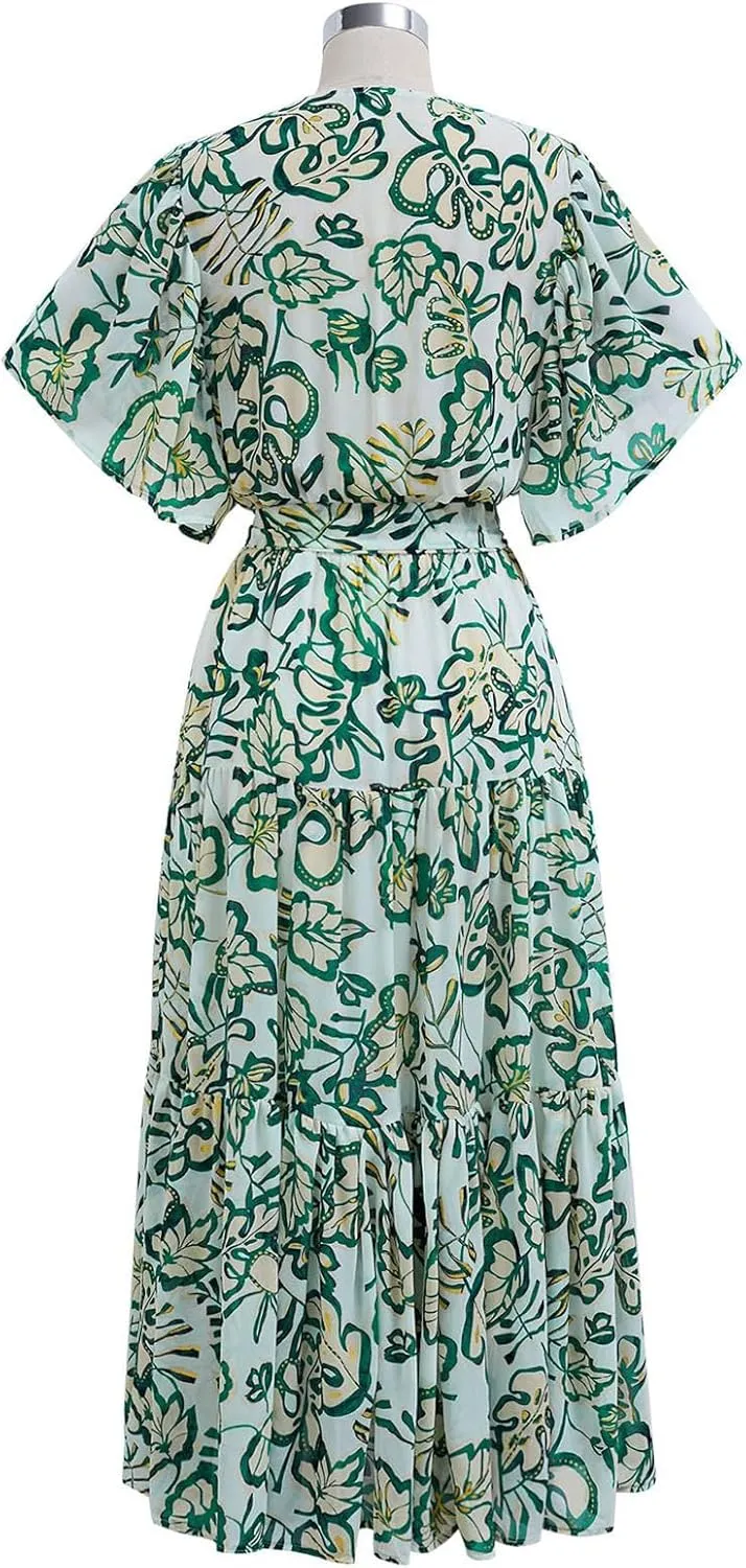CHICWISH Women Leaves Printed Chiffon Midi Dress V Neck Flutter Sleeve Summer Wrap Dresses High Waist Casual Dress with Belt