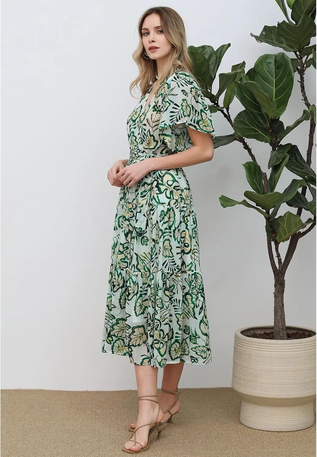CHICWISH Women Leaves Printed Chiffon Midi Dress V Neck Flutter Sleeve Summer Wrap Dresses High Waist Casual Dress with Belt