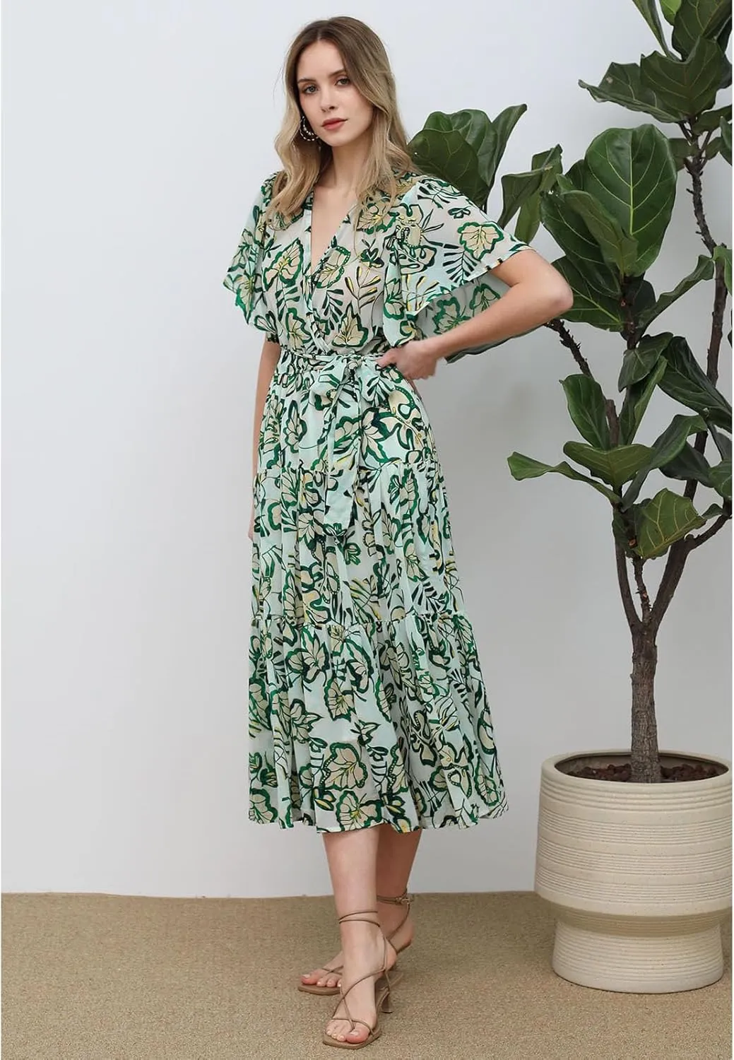 CHICWISH Women Leaves Printed Chiffon Midi Dress V Neck Flutter Sleeve Summer Wrap Dresses High Waist Casual Dress with Belt