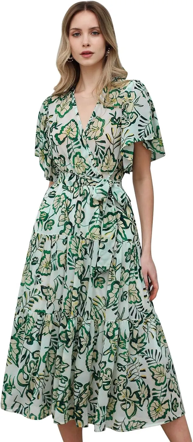 CHICWISH Women Leaves Printed Chiffon Midi Dress V Neck Flutter Sleeve Summer Wrap Dresses High Waist Casual Dress with Belt
