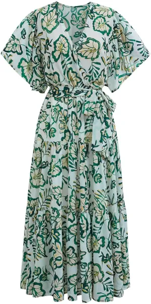 CHICWISH Women Leaves Printed Chiffon Midi Dress V Neck Flutter Sleeve Summer Wrap Dresses High Waist Casual Dress with Belt