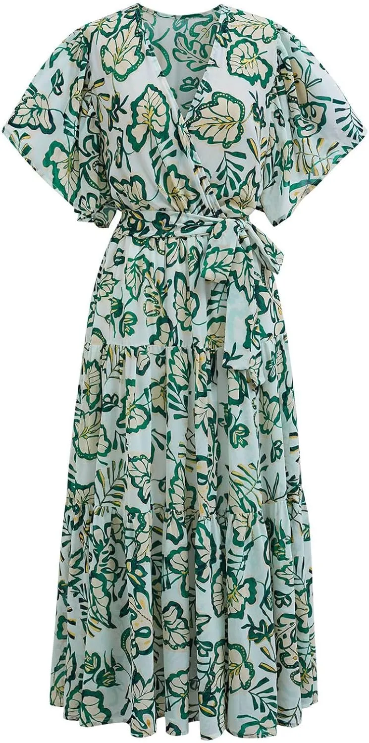 CHICWISH Women Leaves Printed Chiffon Midi Dress V Neck Flutter Sleeve Summer Wrap Dresses High Waist Casual Dress with Belt