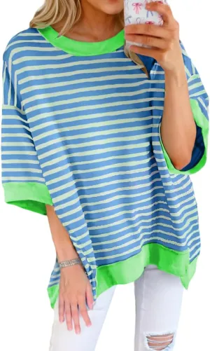 Chvity Women Stripe Colorblock Oversized T Shirt Exposed Seam High Low Pullover Crewneck Short Sleeve Blouses Tops