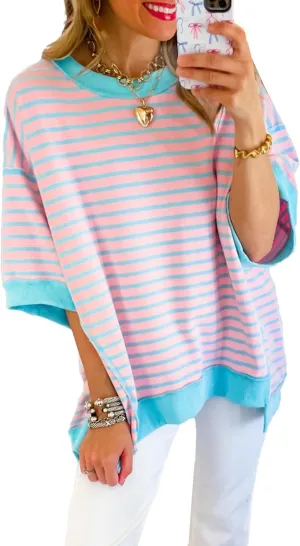 Chvity Women Stripe Colorblock Oversized T Shirt Exposed Seam High Low Pullover Crewneck Short Sleeve Blouses Tops
